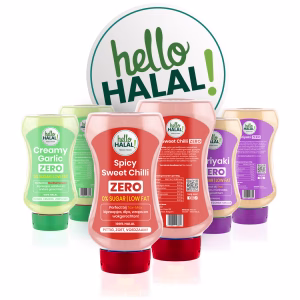 Etiket ontwerp voor sausflessen Hello Halal!