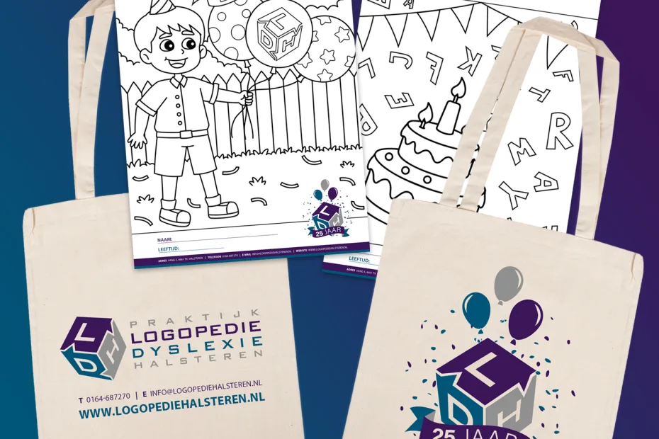 Kleurplaat ontwerp, tas ontwerp en logo ontwerp voor kinderen logopedie halsteren