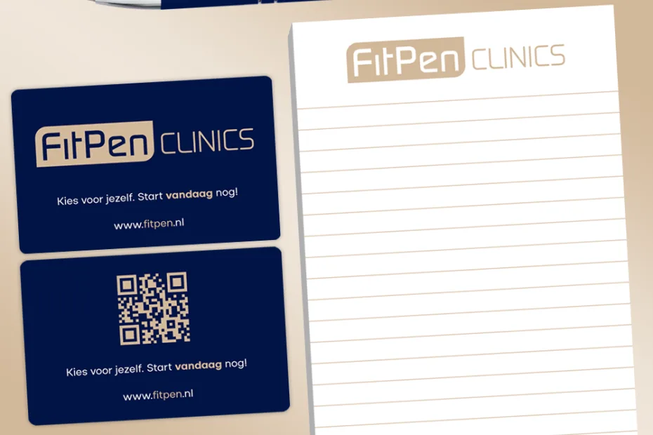 Ontwerp van notitieblok, ontwerp van PVC pasje, ontwerp van visitekaartje en ontwerp van pen bedrukking